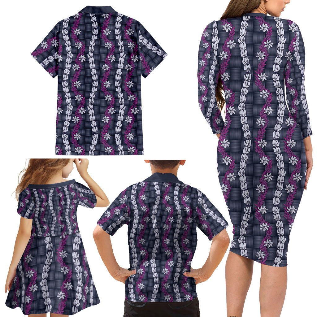 Pikake Maile Tiare Lei Family Matching Long Sleeve Bodycon Dress and Hawaiian Shirt Poni Lauhala Pattern LT01 - Polynesian Pride