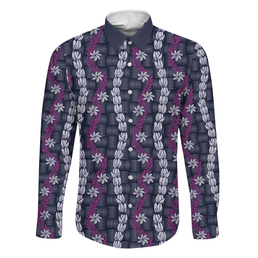 Pikake Maile Tiare Lei Family Matching Long Sleeve Bodycon Dress and Hawaiian Shirt Poni Lauhala Pattern LT01 Dad's Shirt - Long Sleeve Purple - Polynesian Pride