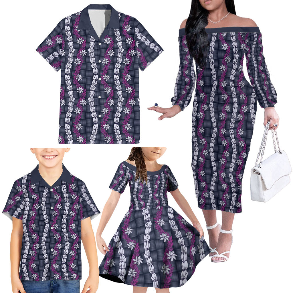 Pikake Maile Tiare Lei Family Matching Off The Shoulder Long Sleeve Dress and Hawaiian Shirt Poni Lauhala Pattern LT01 - Polynesian Pride