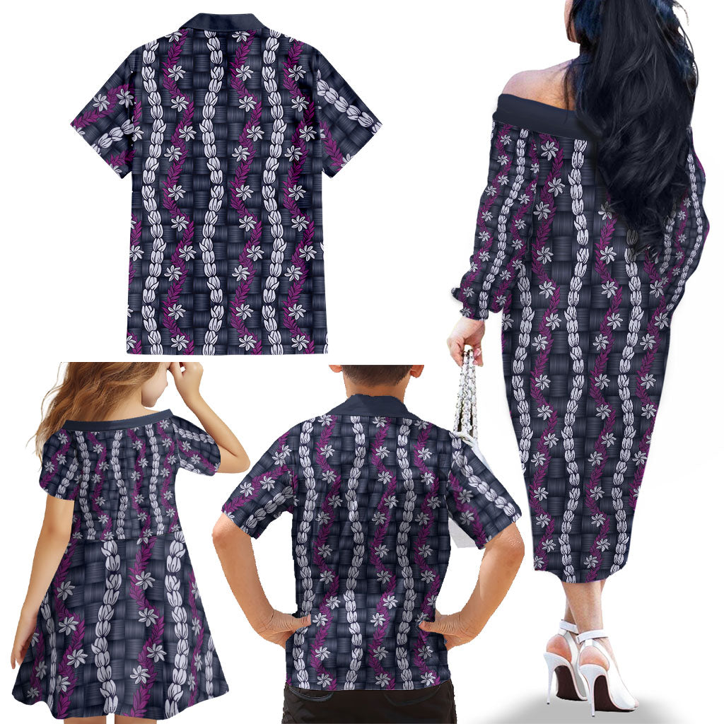 Pikake Maile Tiare Lei Family Matching Off The Shoulder Long Sleeve Dress and Hawaiian Shirt Poni Lauhala Pattern LT01 - Polynesian Pride