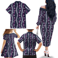 Pikake Maile Tiare Lei Family Matching Off The Shoulder Long Sleeve Dress and Hawaiian Shirt Poni Lauhala Pattern LT01 - Polynesian Pride