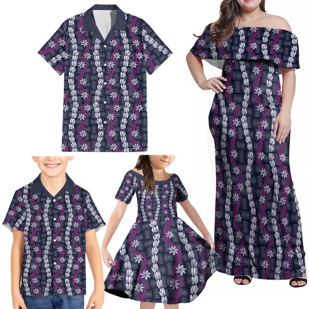 Pikake Maile Tiare Lei Family Matching Off Shoulder Maxi Dress and Hawaiian Shirt Poni Lauhala Pattern LT01 - Polynesian Pride