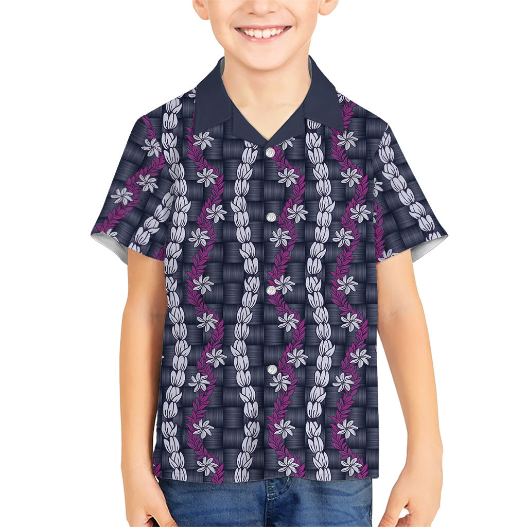 Pikake Maile Tiare Lei Family Matching Off Shoulder Maxi Dress and Hawaiian Shirt Poni Lauhala Pattern LT01 Son's Shirt Purple - Polynesian Pride