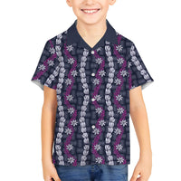 Pikake Maile Tiare Lei Family Matching Off Shoulder Maxi Dress and Hawaiian Shirt Poni Lauhala Pattern LT01 Son's Shirt Purple - Polynesian Pride