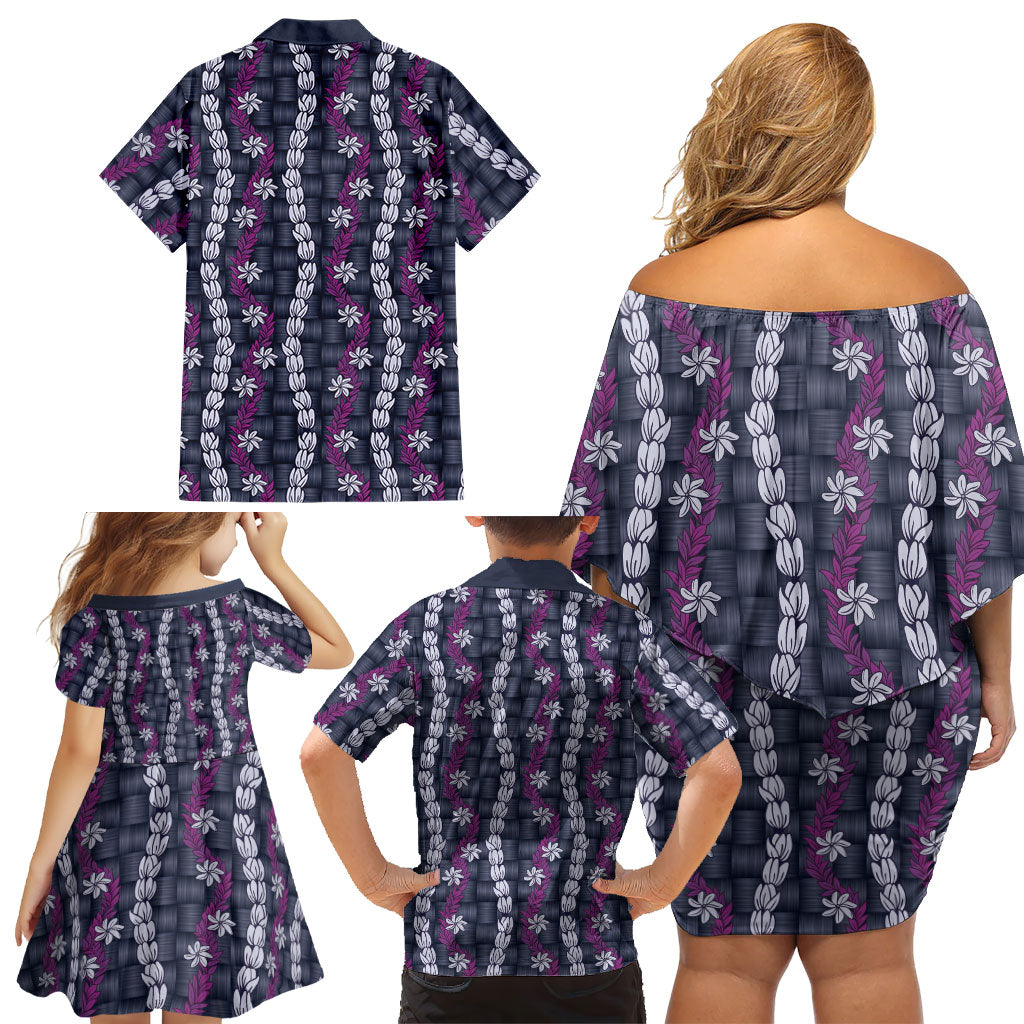 Pikake Maile Tiare Lei Family Matching Off Shoulder Short Dress and Hawaiian Shirt Poni Lauhala Pattern LT01 - Polynesian Pride