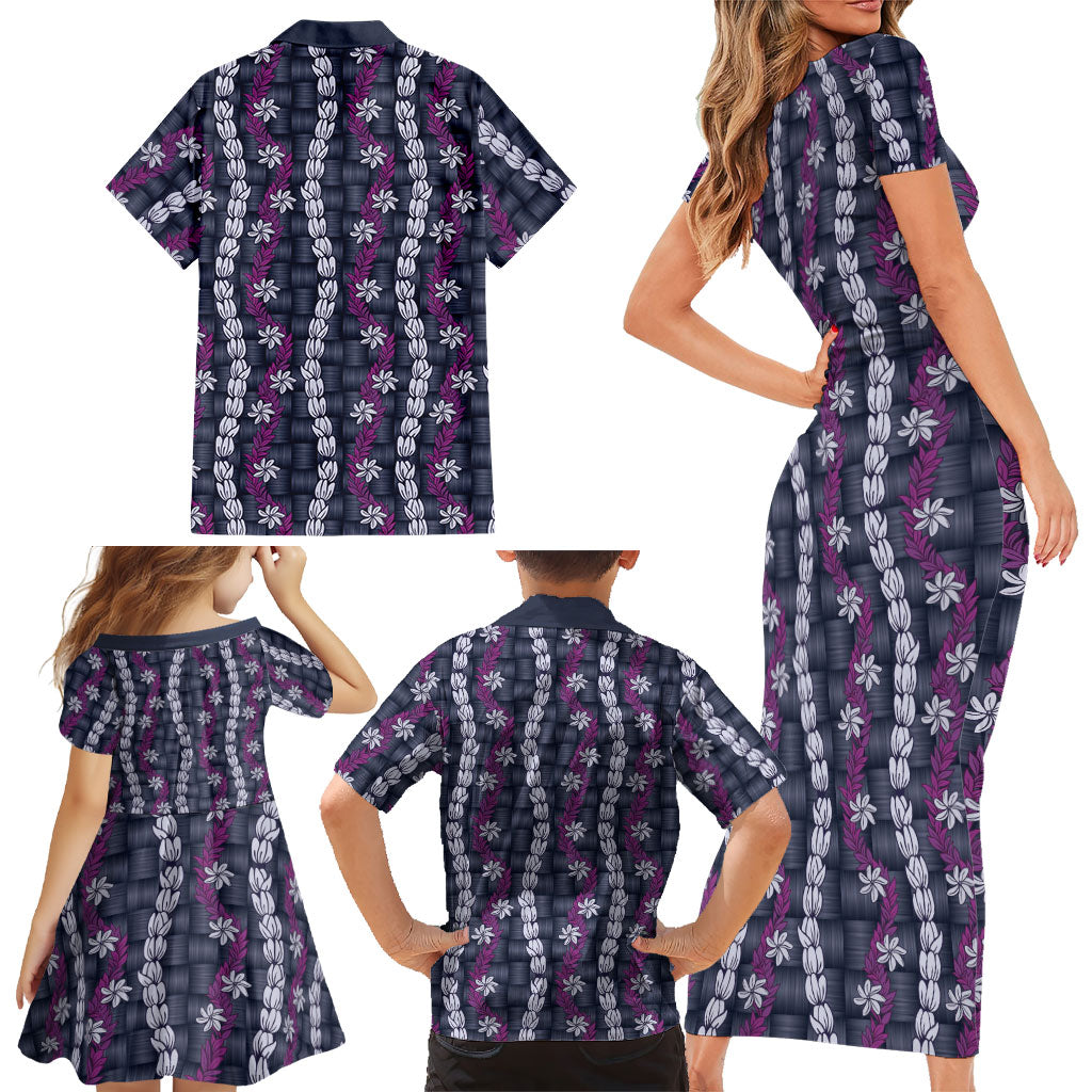 Pikake Maile Tiare Lei Family Matching Short Sleeve Bodycon Dress and Hawaiian Shirt Poni Lauhala Pattern LT01 - Polynesian Pride
