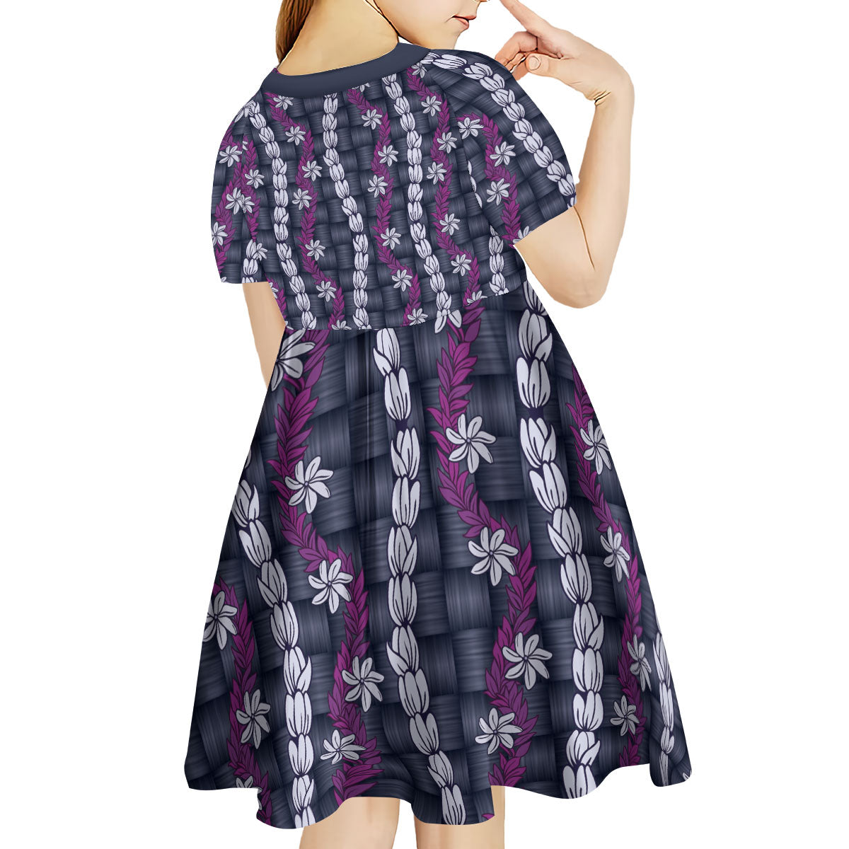 Pikake Maile Tiare Lei Kid Short Sleeve Dress Poni Lauhala Pattern LT01 - Polynesian Pride