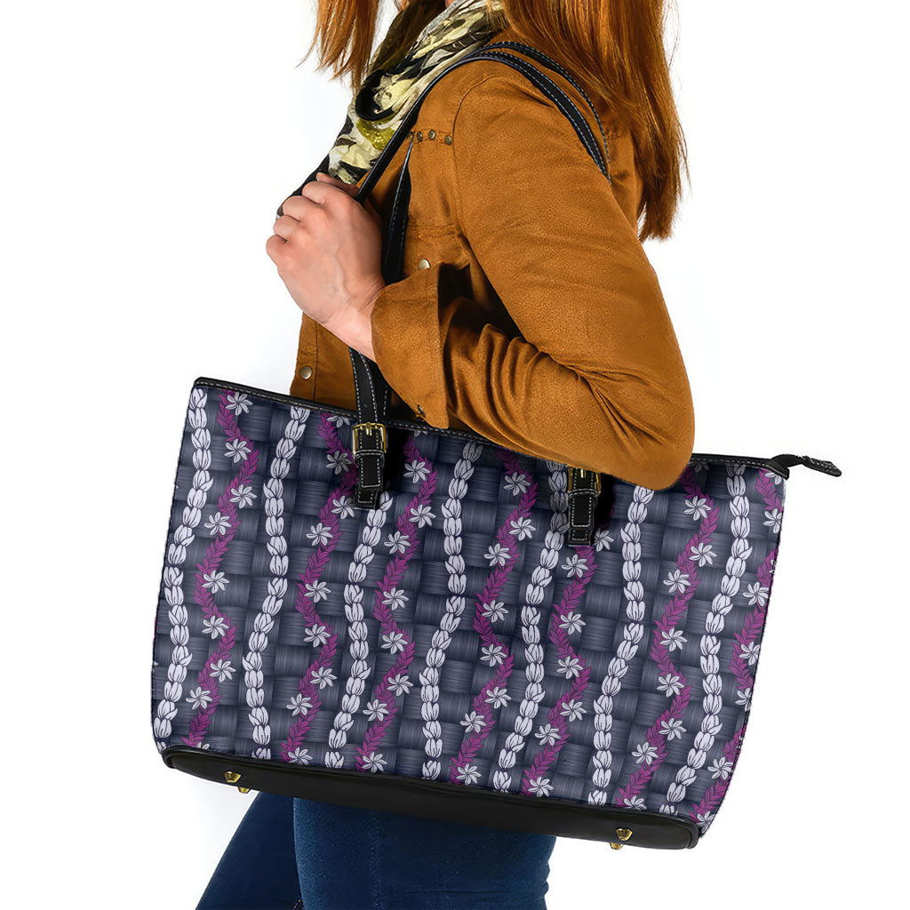 Pikake Maile Tiare Lei Leather Tote Bag Poni Lauhala Pattern