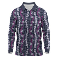 Pikake Maile Tiare Lei Long Sleeve Polo Shirt Poni Lauhala Pattern LT01 Purple - Polynesian Pride