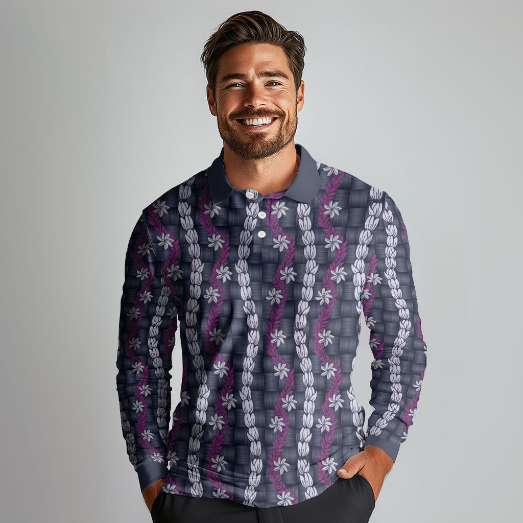 Pikake Maile Tiare Lei Long Sleeve Polo Shirt Poni Lauhala Pattern LT01 - Polynesian Pride