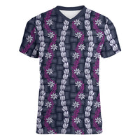 Pikake Maile Tiare Lei Women V-Neck T-Shirt Poni Lauhala Pattern