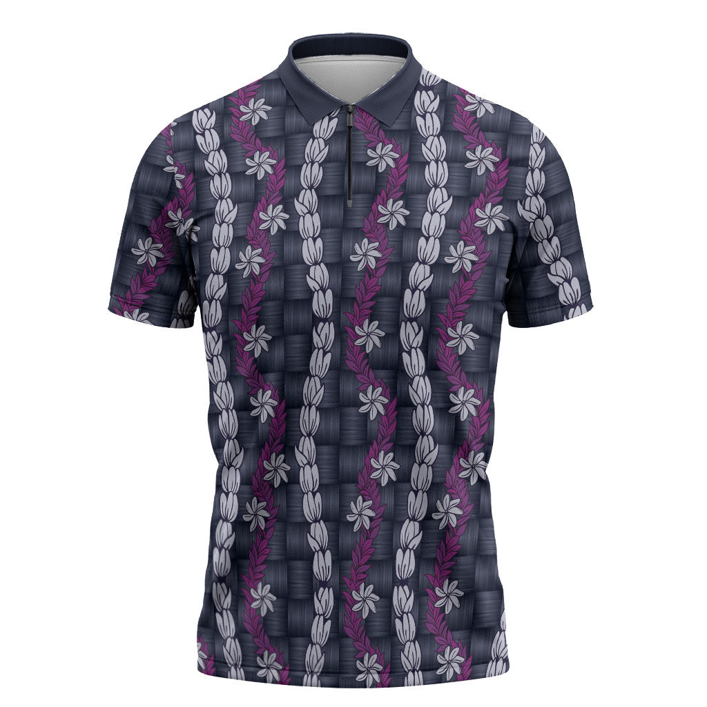 Pikake Maile Tiare Lei Zipper Polo Shirt Poni Lauhala Pattern LT01 Purple - Polynesian Pride