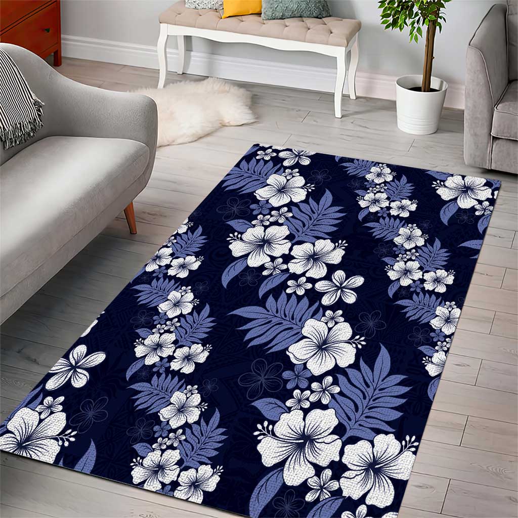 Hawaiian Hibiscus Tribal Floral Blue Area Rug Polynesian Tapa Pattern - Polynesian Pride