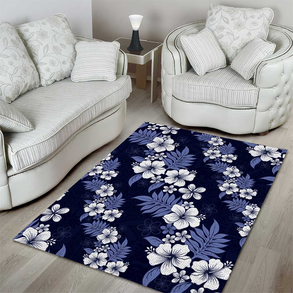 Hawaiian Hibiscus Tribal Floral Blue Area Rug Polynesian Tapa Pattern - Polynesian Pride