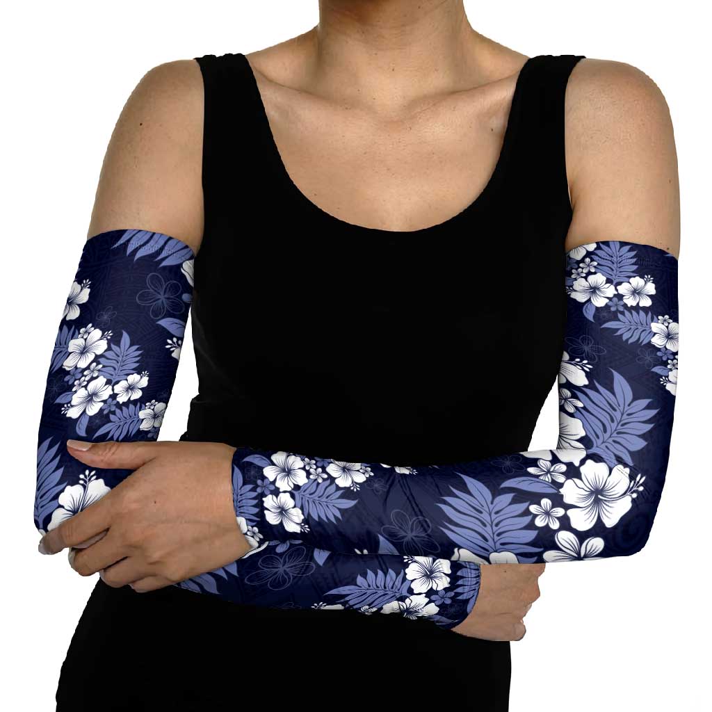 Hawaiian Hibiscus Tribal Floral Blue Arm Sleeves Polynesian Tapa Pattern - Polynesian Pride