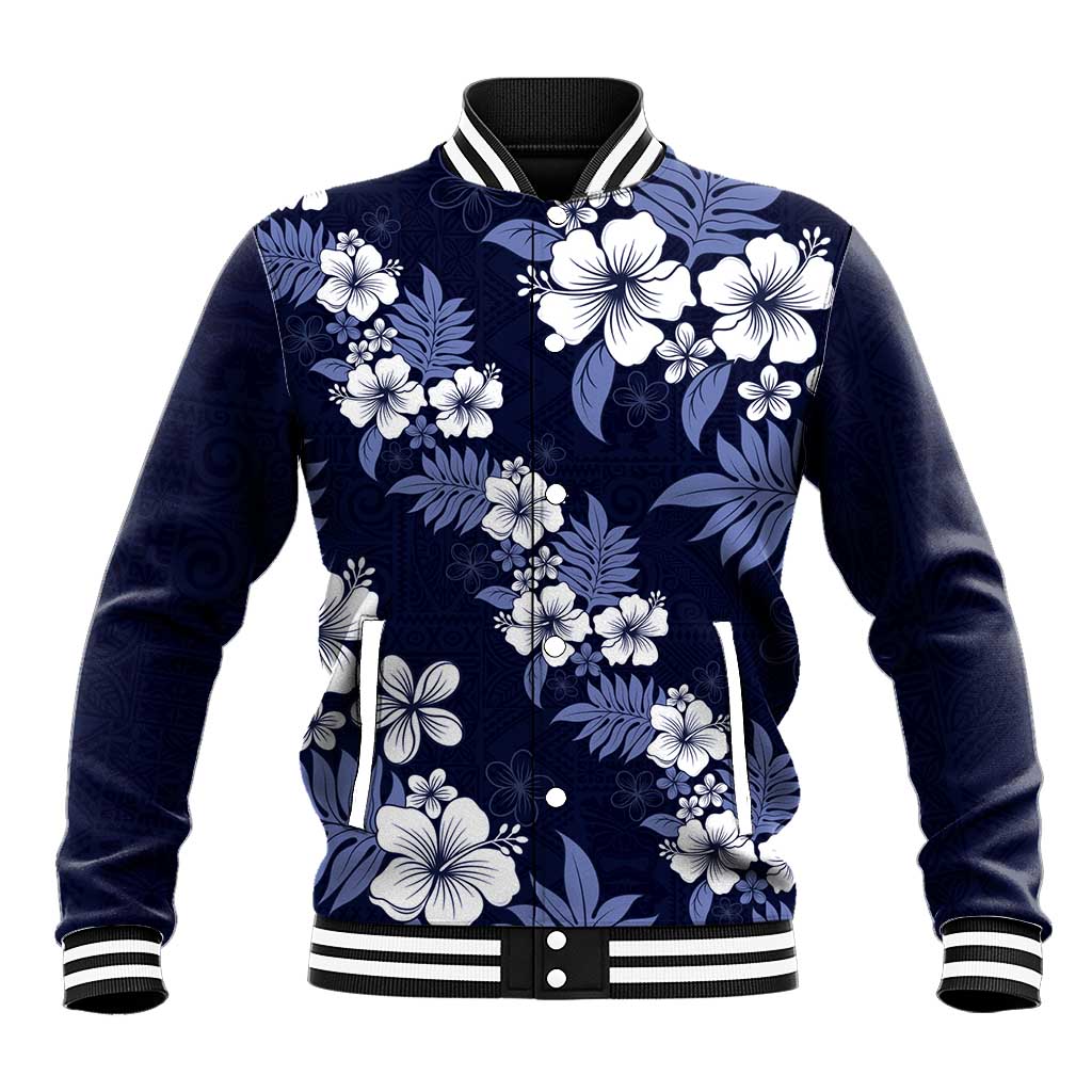 Hawaiian Hibiscus Tribal Floral Blue Baseball Jacket Polynesian Tapa Pattern - Polynesian Pride