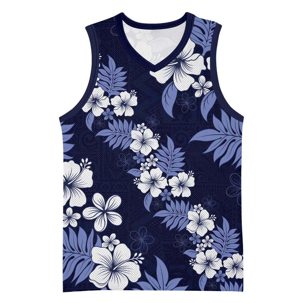 Hawaiian Hibiscus Tribal Floral Blue Basketball Jersey Polynesian Tapa Pattern LT01 Unisex Blue - Polynesian Pride