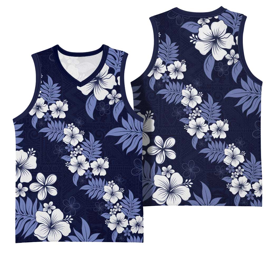 Hawaiian Hibiscus Tribal Floral Blue Basketball Jersey Polynesian Tapa Pattern LT01 - Polynesian Pride