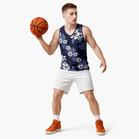 Hawaiian Hibiscus Tribal Floral Blue Basketball Jersey Polynesian Tapa Pattern LT01 - Polynesian Pride