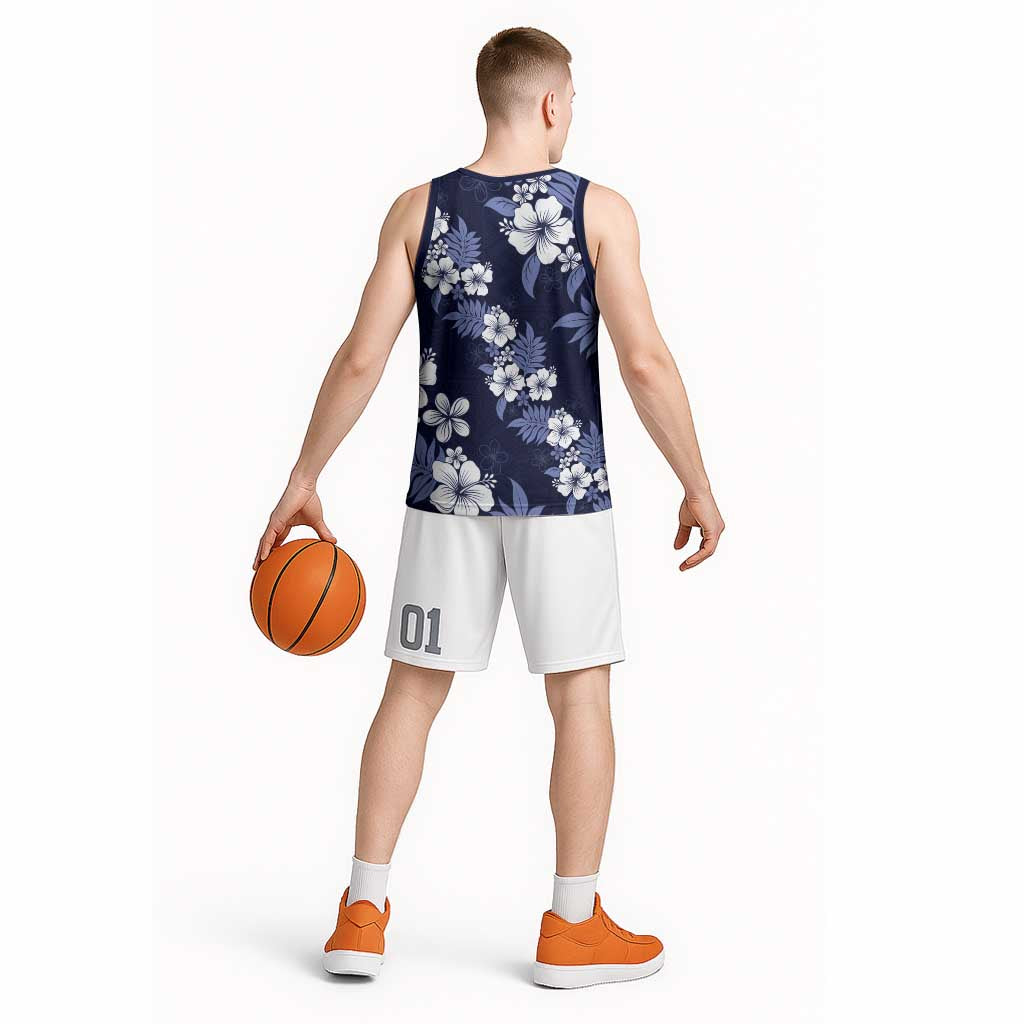 Hawaiian Hibiscus Tribal Floral Blue Basketball Jersey Polynesian Tapa Pattern LT01 - Polynesian Pride