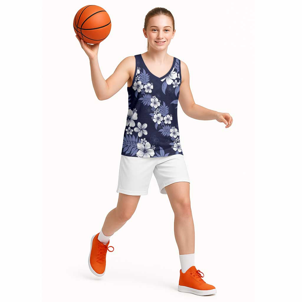 Hawaiian Hibiscus Tribal Floral Blue Basketball Jersey Polynesian Tapa Pattern LT01 - Polynesian Pride