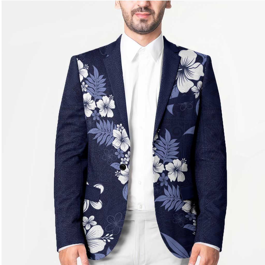 Hawaiian Hibiscus Tribal Floral Blue Blazer Polynesian Tapa Pattern - Polynesian Pride