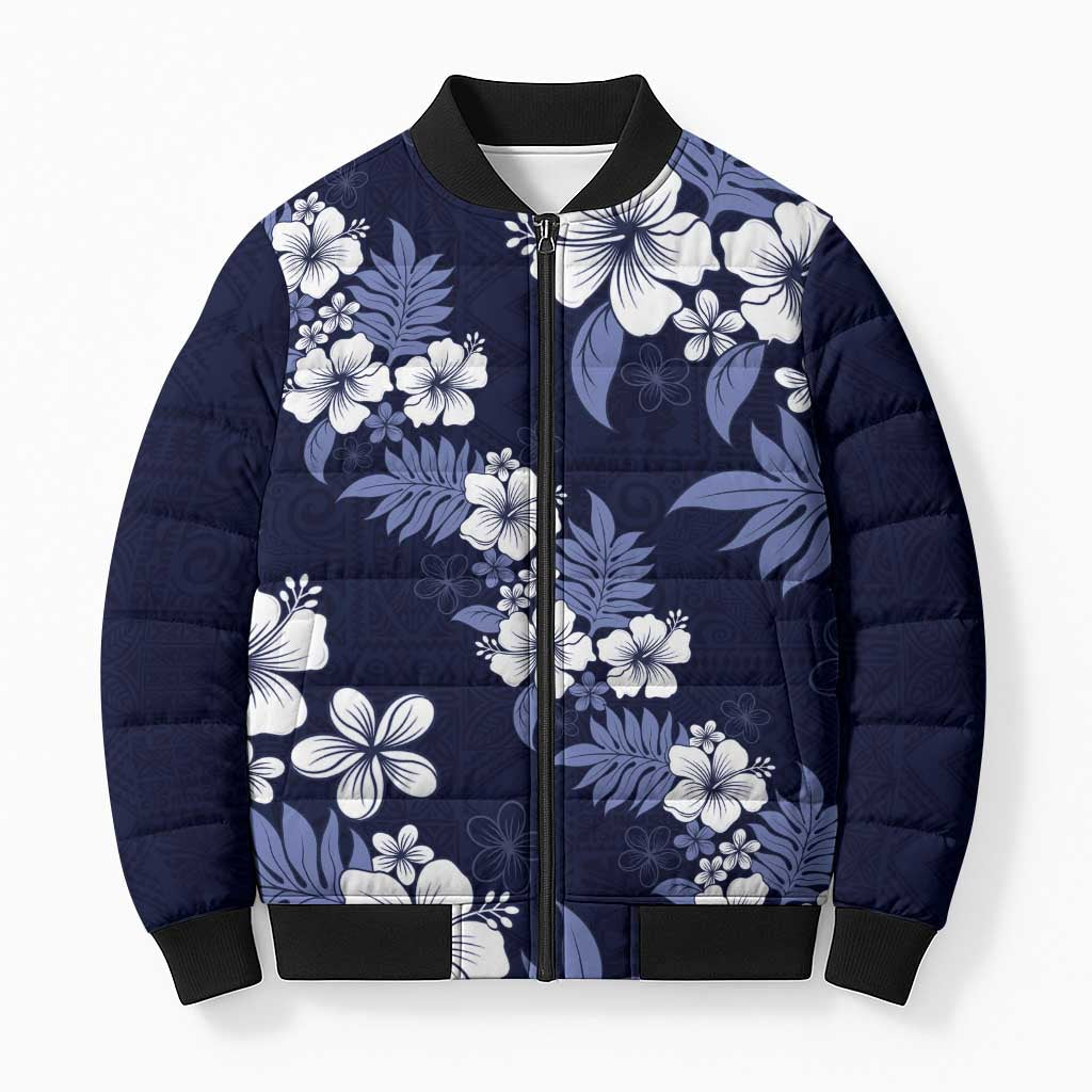 Hawaiian Hibiscus Tribal Floral Blue Bomber Puffer Jacket Polynesian Tapa Pattern LT01 Unisex Blue - Polynesian Pride