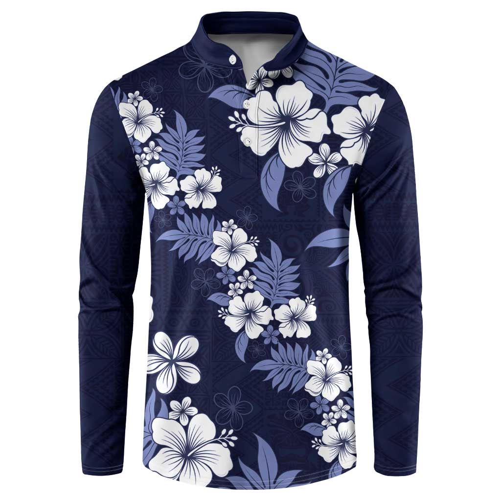 Hawaiian Hibiscus Tribal Floral Blue Button Sweatshirt Polynesian Tapa Pattern - Polynesian Pride