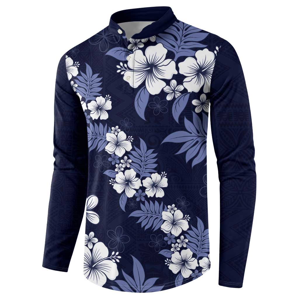 Hawaiian Hibiscus Tribal Floral Blue Button Sweatshirt Polynesian Tapa Pattern - Polynesian Pride