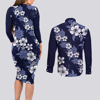 Hawaiian Hibiscus Tribal Floral Blue Couples Matching Long Sleeve Bodycon Dress and Long Sleeve Button Shirt Polynesian Tapa Pattern - Polynesian Pride