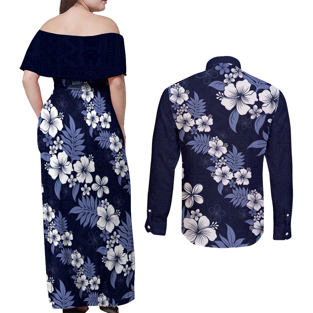 Hawaiian Hibiscus Tribal Floral Blue Couples Matching Off Shoulder Maxi Dress and Long Sleeve Button Shirt Polynesian Tapa Pattern - Polynesian Pride