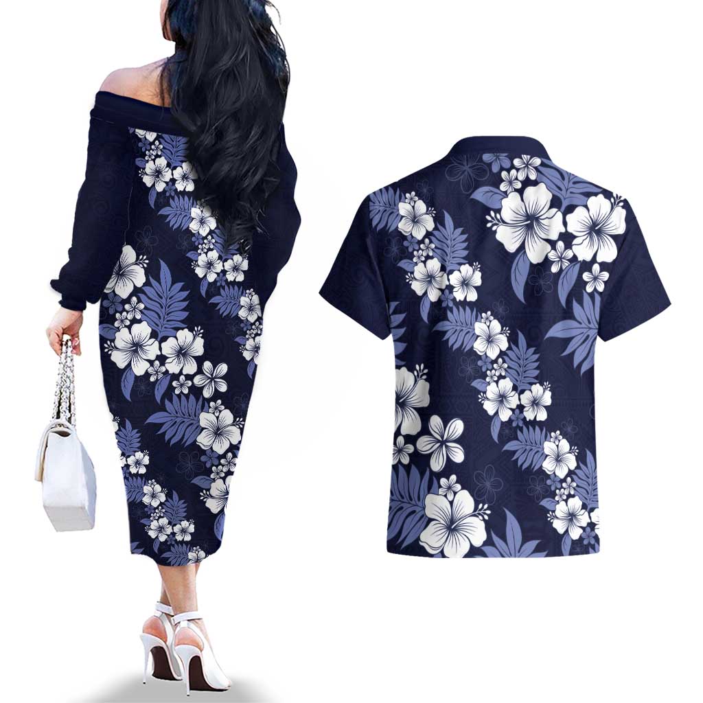 Hawaiian Hibiscus Tribal Floral Blue Couples Matching Off The Shoulder Long Sleeve Dress and Hawaiian Shirt Polynesian Tapa Pattern - Polynesian Pride
