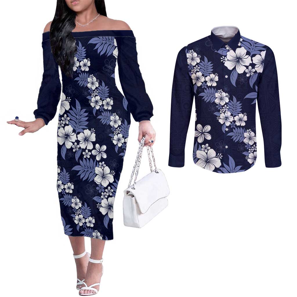 Hawaiian Hibiscus Tribal Floral Blue Couples Matching Off The Shoulder Long Sleeve Dress and Long Sleeve Button Shirt Polynesian Tapa Pattern - Polynesian Pride