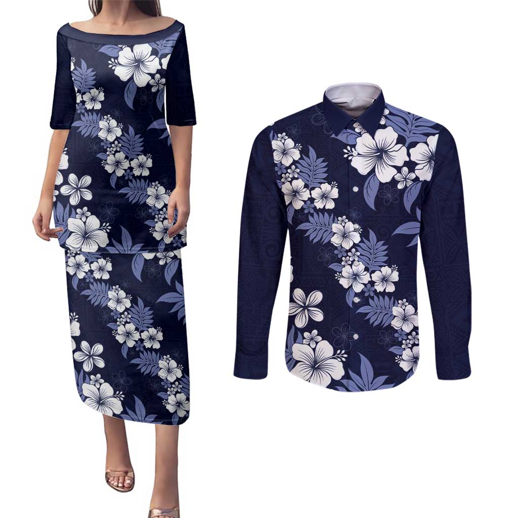 Hawaiian Hibiscus Tribal Floral Blue Couples Matching Puletasi and Long Sleeve Button Shirt Polynesian Tapa Pattern - Polynesian Pride