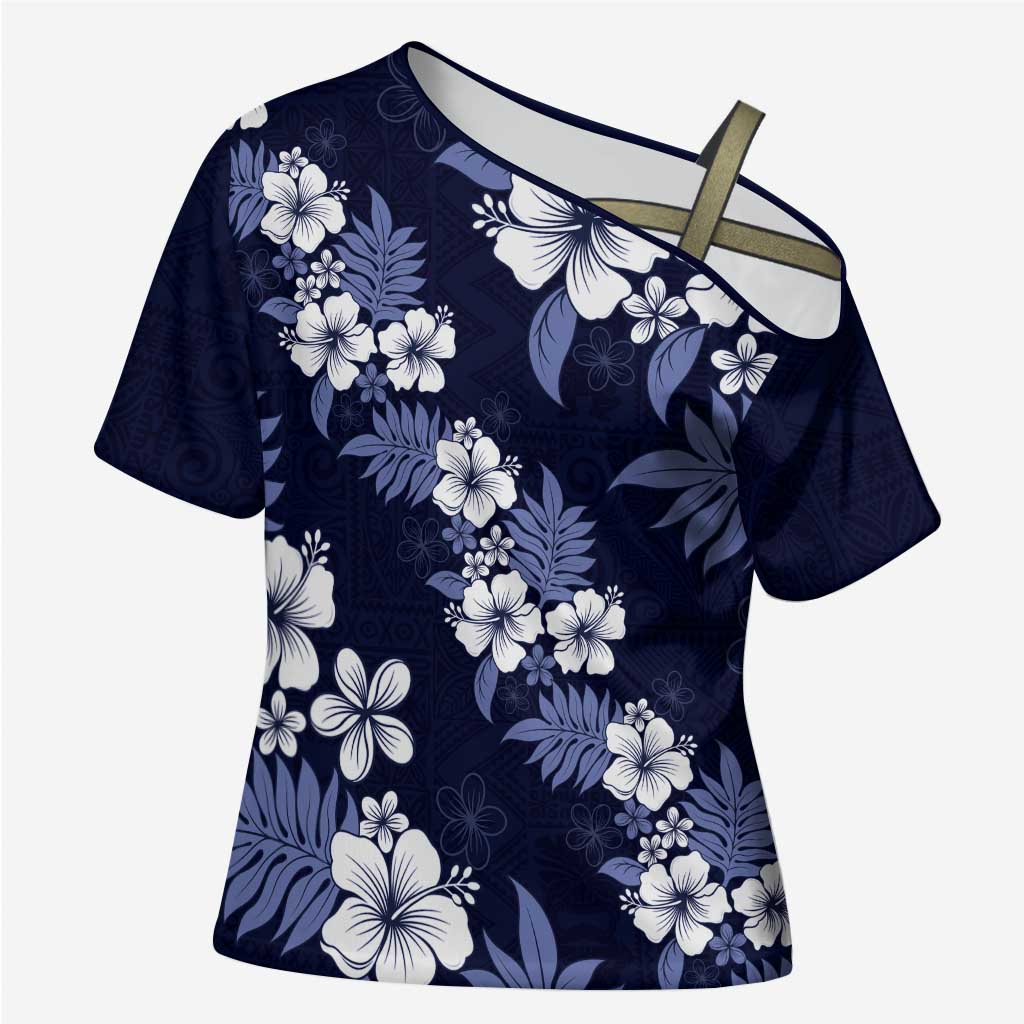 Hawaiian Hibiscus Tribal Floral Blue Cross Shoulder Shirt Polynesian Tapa Pattern LT01 Female Blue - Polynesian Pride