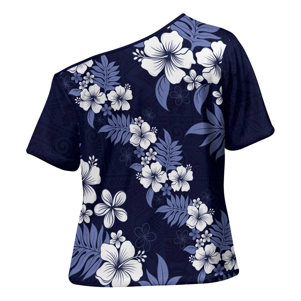 Hawaiian Hibiscus Tribal Floral Blue Cross Shoulder Shirt Polynesian Tapa Pattern - Polynesian Pride