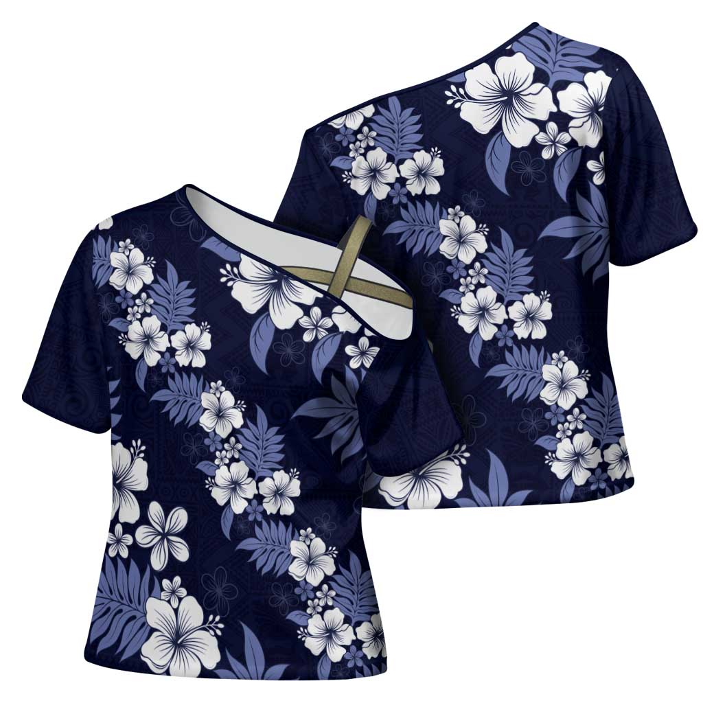 Hawaiian Hibiscus Tribal Floral Blue Cross Shoulder Shirt Polynesian Tapa Pattern - Polynesian Pride