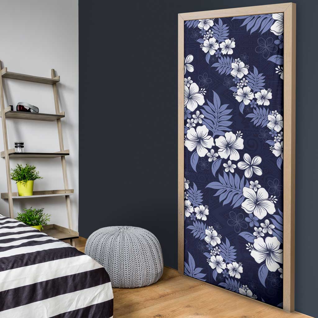 Hawaiian Hibiscus Tribal Floral Blue Door Cover Polynesian Tapa Pattern - Polynesian Pride