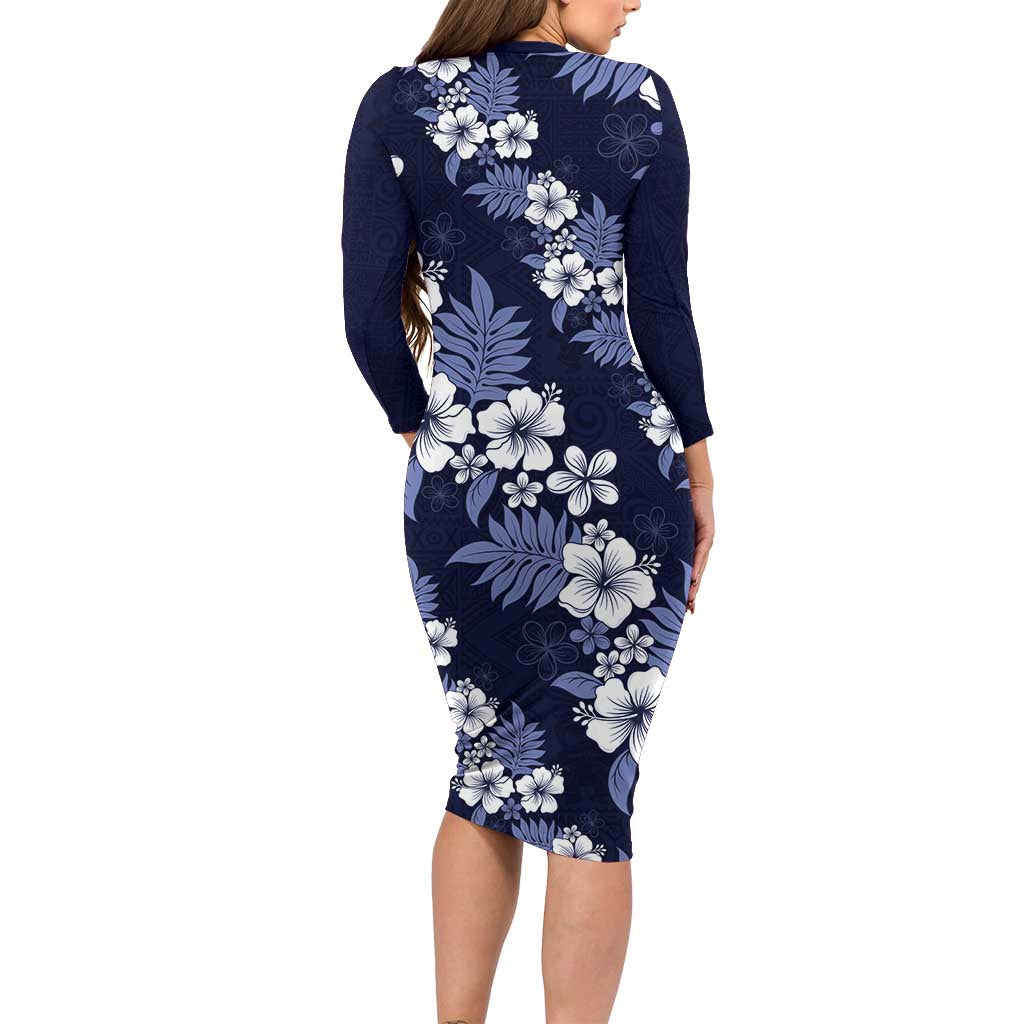 Hawaiian Hibiscus Tribal Floral Blue Family Matching Long Sleeve Bodycon Dress and Hawaiian Shirt Polynesian Tapa Pattern - Polynesian Pride