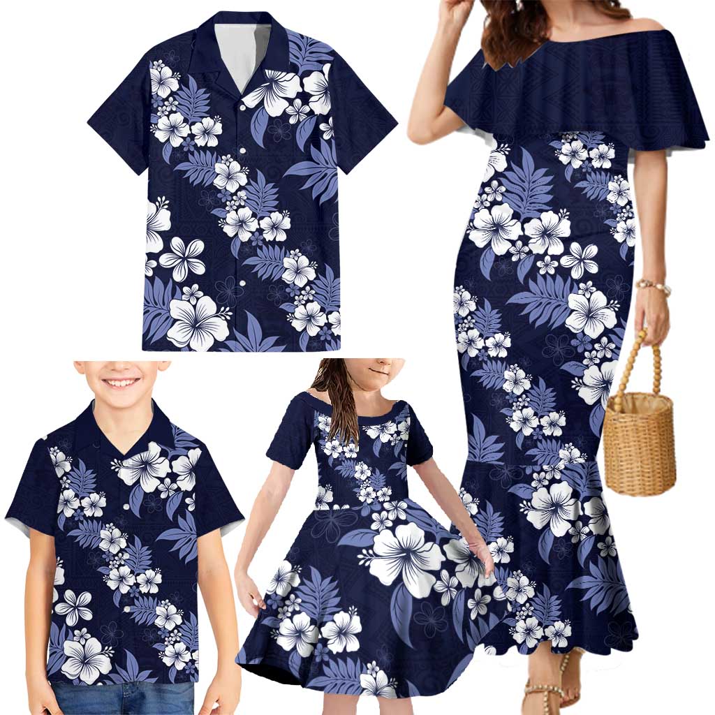 Hawaiian Hibiscus Tribal Floral Blue Family Matching Mermaid Dress and Hawaiian Shirt Polynesian Tapa Pattern - Polynesian Pride