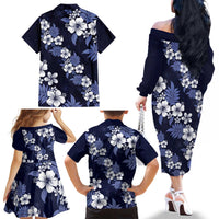 Hawaiian Hibiscus Tribal Floral Blue Family Matching Off The Shoulder Long Sleeve Dress and Hawaiian Shirt Polynesian Tapa Pattern - Polynesian Pride