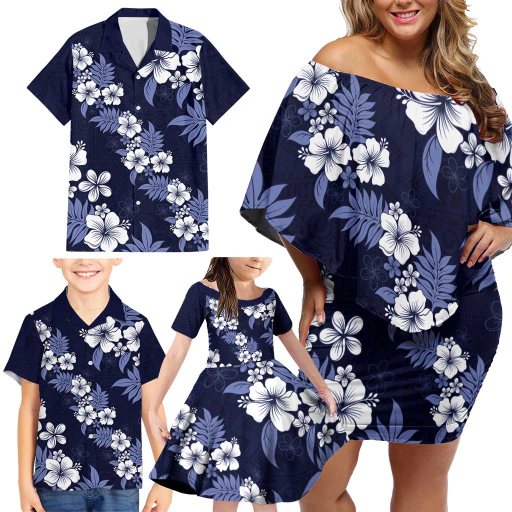 Hawaiian Hibiscus Tribal Floral Blue Family Matching Off Shoulder Short Dress and Hawaiian Shirt Polynesian Tapa Pattern - Polynesian Pride