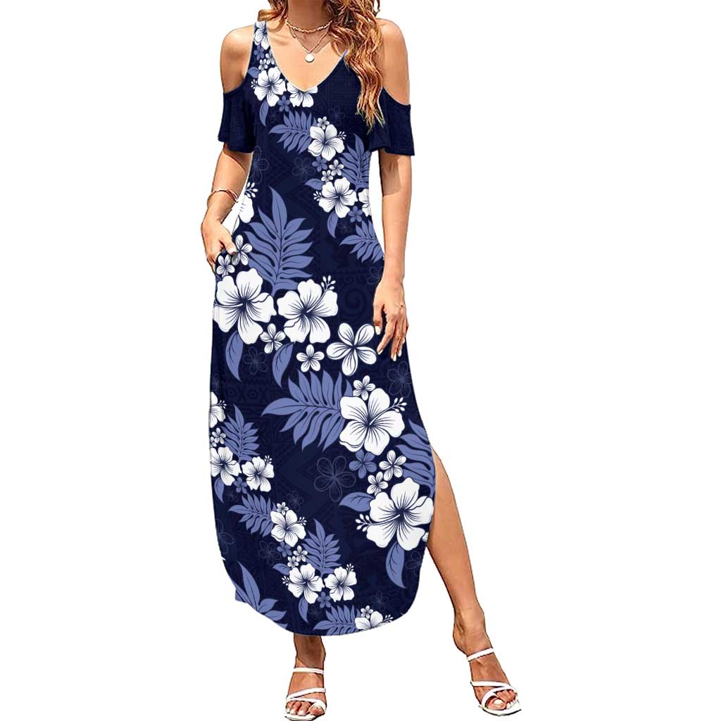 Hawaiian Hibiscus Tribal Floral Blue Family Matching Summer Maxi Dress and Hawaiian Shirt Polynesian Tapa Pattern - Polynesian Pride