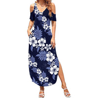 Hawaiian Hibiscus Tribal Floral Blue Family Matching Summer Maxi Dress and Hawaiian Shirt Polynesian Tapa Pattern - Polynesian Pride
