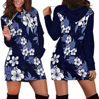 Hawaiian Hibiscus Tribal Floral Blue Hoodie Dress Polynesian Tapa Pattern - Polynesian Pride