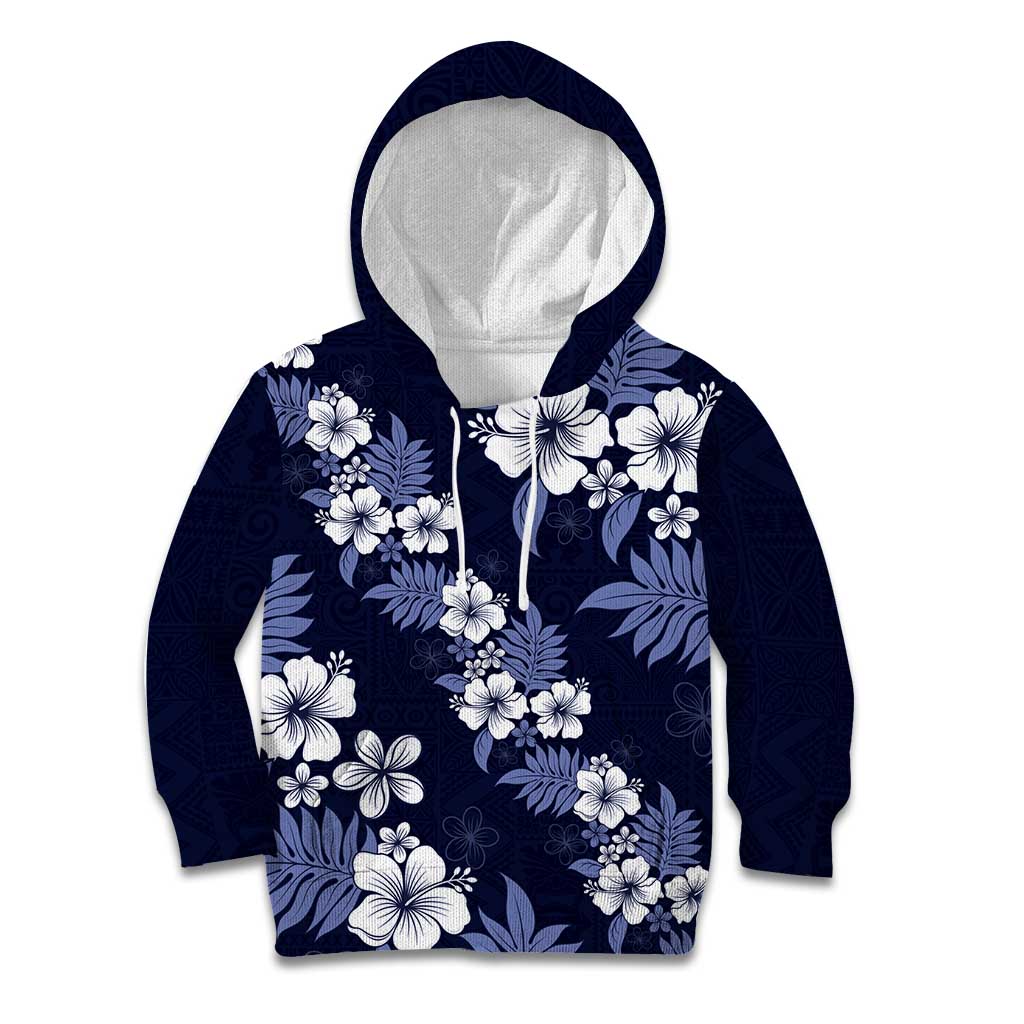 Hawaiian Hibiscus Tribal Floral Blue Kid Hoodie Polynesian Tapa Pattern - Polynesian Pride