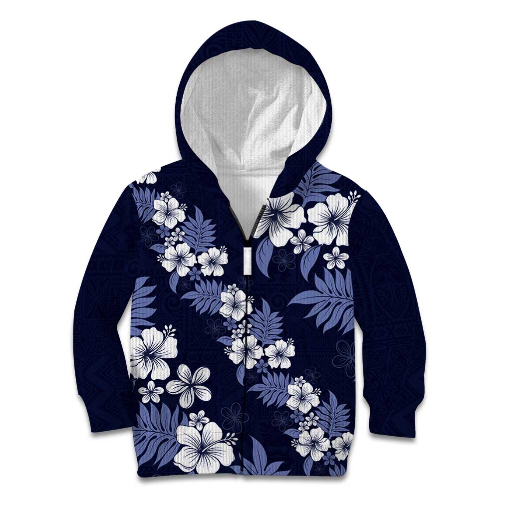 Hawaiian Hibiscus Tribal Floral Blue Kid Hoodie Polynesian Tapa Pattern - Polynesian Pride