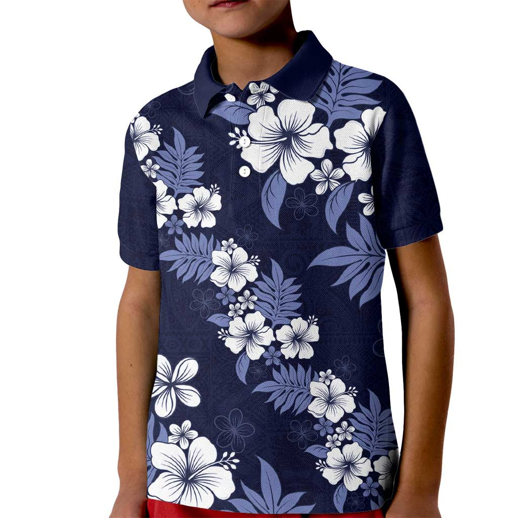 Hawaiian Hibiscus Tribal Floral Blue Kid Polo Shirt Polynesian Tapa Pattern - Polynesian Pride