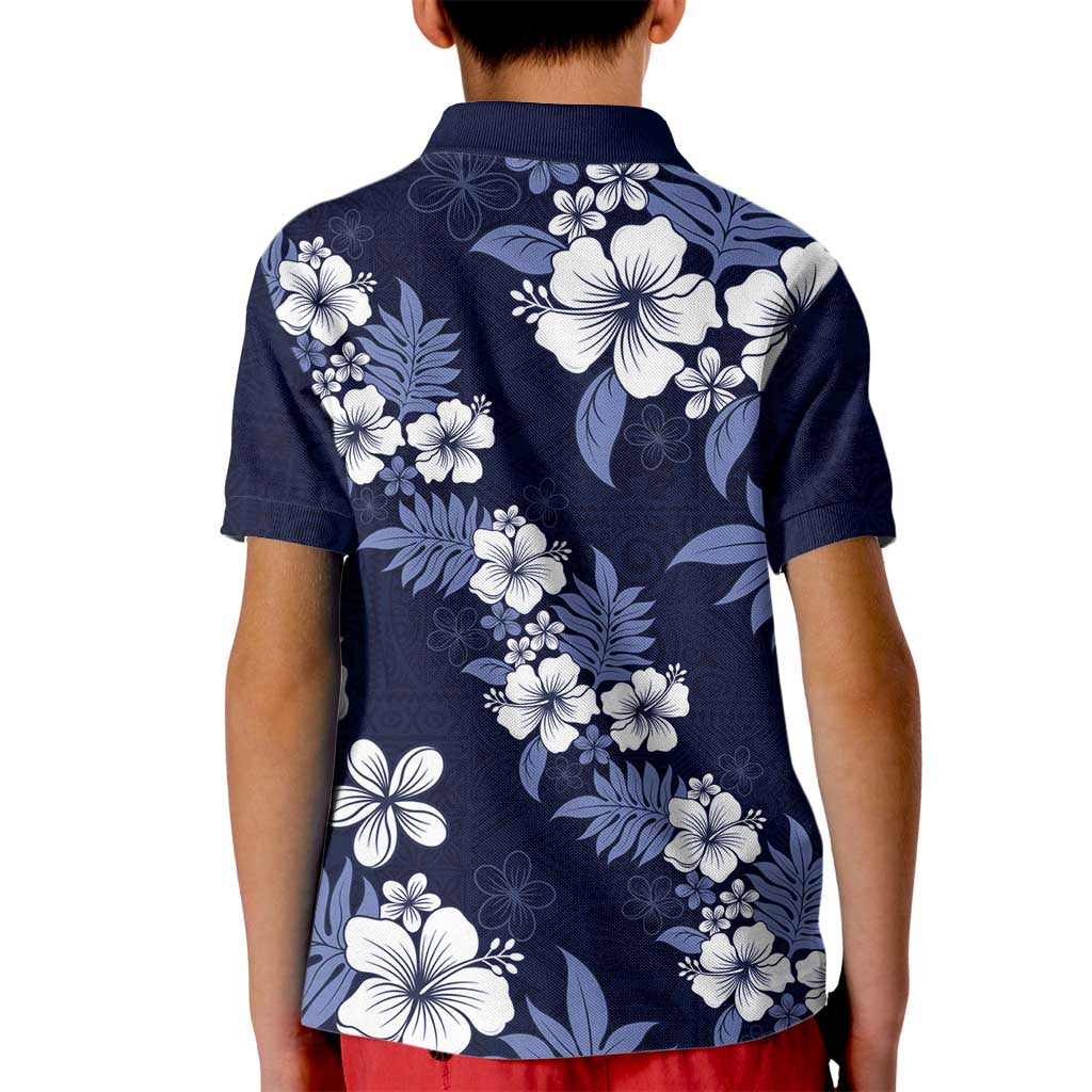 Hawaiian Hibiscus Tribal Floral Blue Kid Polo Shirt Polynesian Tapa Pattern - Polynesian Pride
