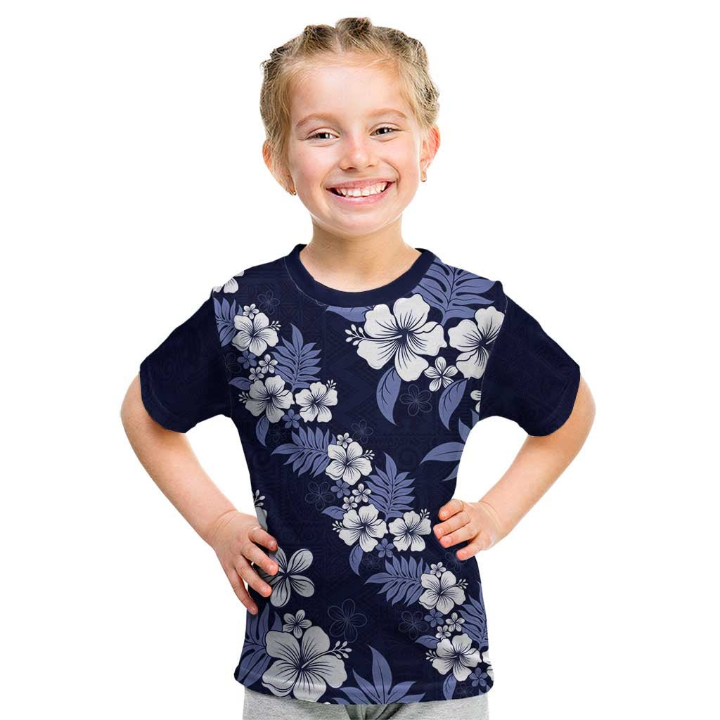 Hawaiian Hibiscus Tribal Floral Blue Kid T Shirt Polynesian Tapa Pattern - Polynesian Pride